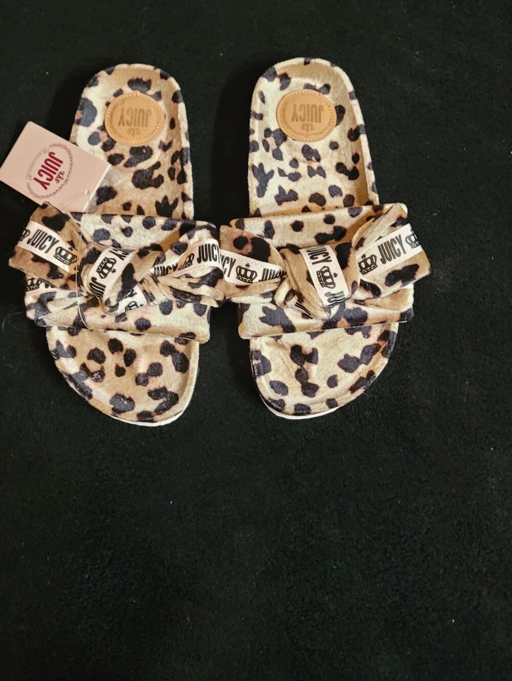Juicy Couture Kids Leopard Print Slide Sandals with Branded Bow - Tan & Black